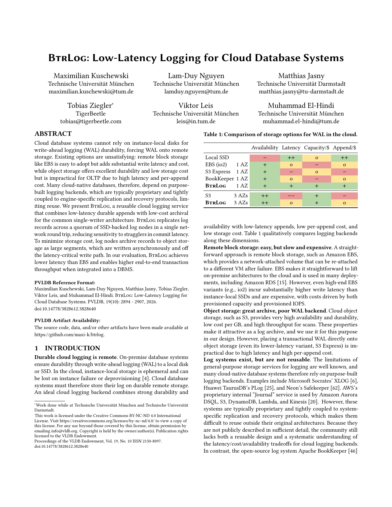 BtrLog: Low-Latency Logging for Cloud Database Systems