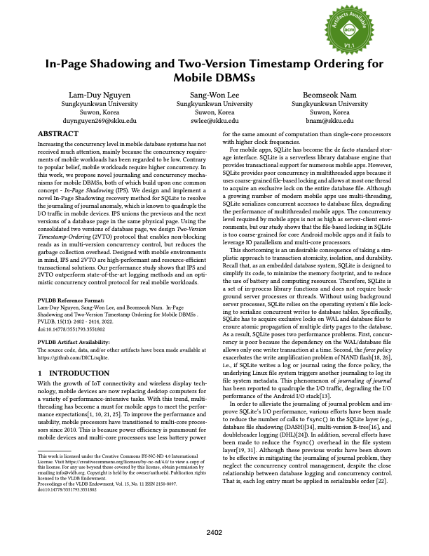 In-Page Shadowing and Two-Version Timestamp Ordering for Mobile DBMSs